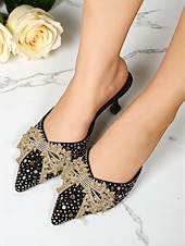 cheap Cocktail-Women&#039;s Rhinestone Pointed Toe Mules - Glitter Slip-On Kitten Heels with Pearl Bow for Cocktail Parties &amp; Evening Events