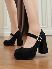 cheap 1950s-Women&#039;s Blue Suede Mary Jane Block Heel Pumps – Platform Round Toe Buckle Strap 1950s Vintage Party Shoes for Weddings, Cocktail, and Evening Outfits