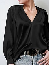 preiswerte Elegante Oberteile-Damen Hemd Bluse Einfach Modern Lässig Langarm V Ausschnitt Normale Oberteile Täglich Ferien Ausgehen Gerafft Schwarz Weiß Gelb Rosa Wein Herbst