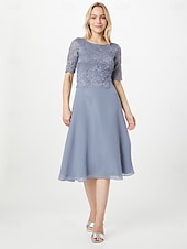 levne Délka čaje-A-line šaty matky nevěsty svatební host elegantní drobné výstřih do lodi délka po kolena chiffon poloviční rukáv s plisováním jednobarevné bez vlastního měření