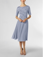 levne Délka čaje-A-line šaty matky nevěsty svatební host elegantní drobné výstřih do lodi délka po kolena chiffon poloviční rukáv s plisováním jednobarevné bez vlastního měření