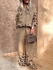 preiswerte Blusenanzüge für Damen-Damen Aktiv Mode Bluse Hosen-Sets Langarm Rundhalsausschnitt Leopard Patchwork Ausgehen Wochenende Schwarz Weiß Rote Herbst Normale Passform