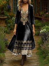 billiga Boho-klänning-Dam Klänning Set Maxiklänning A linjeklänning Sommarklänning Semester Boho Nyans Blommig Multi lager Mönster Maxiklänning 3/4 ärm V-hals Utomhus Dagligen Svart Rodnande Rosa Orange Sommar Vår Normal
