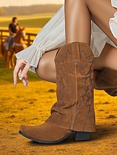 halpa Cowboy &amp; Western Boots-Naisten khakiväriset cowboy-saappaat, joissa on mokkanahkaa ja matala korko, ja jotka sopivat sekä ulkoiluun että maaseudulle.