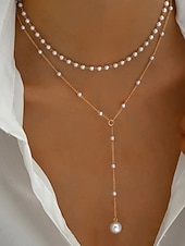 abordables Boda ACC-Collar con colgante de perlas en capas para mujer: elegante cadena de aleación en tono dorado con detalles de perlas de imitación para eventos formales, bodas y fiestas nocturnas.