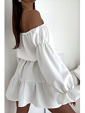 preiswerte Abschlusskleider-Damen Minikleid Schößchen Kleider Elegant Täglich Ferien Ausgehen Normale Passform Einfarbig Langarm Schulterfrei Schwarz Weiß Mauva Herbst