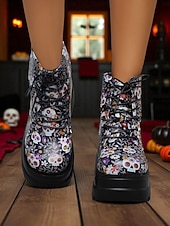 baratos Para mulheres-Botas femininas pretas plataforma com cadarço e caveira - botas góticas de cano curto com sola grossa para festas de outono, cosplay e dia dos mortos