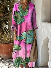 preiswerte Streifen- und geometrische Kleider-Damen Maxikleid Sommerkleid A Linie Kleid Urlaub Lässig Boho Party Ferien Strand Lässiger Schnitt Grafik Geometrisch Abstrakt Langarm V Ausschnitt Dunkelbraun Dunkelrot Rote Leicht Braun Frühling
