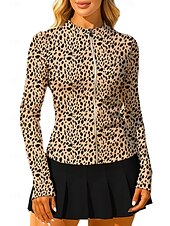 お買い得  女性用シャツ-女性用 動物 レオパード トップス スポーツシャツ テニスシャツ テニストップ 長袖 ジッパー 花柄 UPF50+ UV耐性 高弾性 吸汗性 高通気性 バレーボール テニス ゴルフ ラウンド ハイネック Tシャツ トレーナー ライト コーヒー テニスウェア