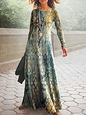 preiswerte Boho Kleid-Damen Maxikleid Etui-Kleid A Linie Kleid Lässig Täglich Lässiger Schnitt Grafik Geometrisch Langarm Rundhalsausschnitt Schwarz Weiß Blau Braun Frühling Herbst Winter