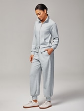 economico Pantaloni-Pantaloni da donna in maglia elasticizzata grigio mélange coordinati, in cotone, con elastico in vita, tasche, eleganti, comodi, casual, quotidiani, da lavoro, autunno