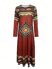 preiswerte Boho Kleid-Damen Maxikleid Shiftkleid A Linie Kleid Party Lässig Boho Täglich Date Ausgehen Normale Passform Batik Stammes Langarm Rundhalsausschnitt Rote Blau Purpur Grün Frühling Herbst Winter