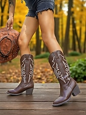 abordables Cowboy y botas occidentales-Botas vaqueras estilo western para mujer, color marrón moca, con detalles bordados en blanco y tacones de bloque, estilo bohemio estilo western.