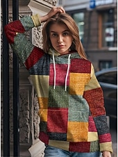 preiswerte Streifen- und geometrische Kapuzenpullover-Damen Kapuzenpullover Druck Grafik Geometrisch Warm Vintage Mode Langarm Mit Kapuze Normale Oberteile Straße Alltagskleidung Ferien Orange Leicht Blau Herbst Winter