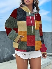 preiswerte Streifen- und geometrische Kapuzenpullover-Damen Kapuzenpullover Druck Grafik Geometrisch Warm Vintage Mode Langarm Mit Kapuze Normale Oberteile Straße Alltagskleidung Ferien Orange Leicht Blau Herbst Winter