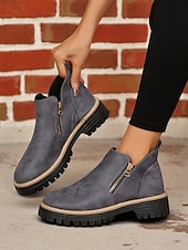 abordables Bottines-Bottines grises en similicuir pour femme – fermeture zippée latérale, semelle crantée antidérapante, style streetwear automne-hiver élégant