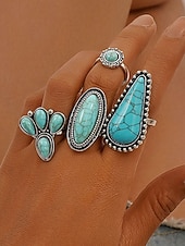 Women's Turquoise Ring Set - Multi-Piece Set of Vintage Bohemian Alloy Jewelry for Women's Holidays, Beach Vacations and Everyday Wear cheap Women's Rings-Women's Turquoise Ring Set - Multi-Piece Set of Vintage Bohemian Alloy Jewelry for Women's Holidays, Beach Vacations and Everyday Wear