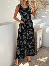 cheap Vacation Jumpsuit-Women's Normal Jumpsuit Active Geometric Sleeveless Wide Leg V Neck Lace up Print Daily Vacation Loose Fit Black Red Green Summer