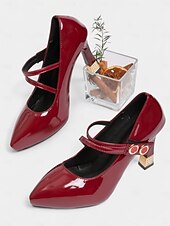 cheap Cocktail-Women&#039;s Burgundy Patent Leather Mary Jane Heels - Square Toe Dress Shoes with Double Straps for Cocktail Parties &amp; Evening Events