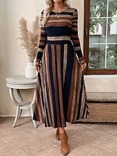 preiswerte Streifen- und geometrisches Kleid-Damen Midikleid A Linie Kleid Figurbetontes Kleid Lässig Normale Passform Grafik Geometrisch Langarm Rundhalsausschnitt Braun Sommer Herbst Winter