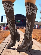 Недорогие Ковбой и западные ботинки-Женские коричневые ковбойские сапоги выше колена в стиле вестерн — ковбойские сапоги из искусственной кожи с вышивкой, острым носком и блочным каблуком для уличного стиля, повседневных нарядов на