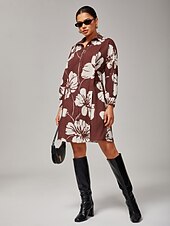 economico Abiti floreali-vestito-camicia da donna in rayon filato con maniche raglan, elastico in vita regolabile e stampa floreale marrone