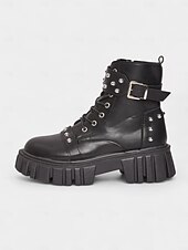 abordables Bottes motard-bottes motardes cloutées en similicuir noir pour femme avec semelle plateforme épaisse et fermeture éclair latérale &amp;Bottines à boucle style punk pour ados et femmes, idéales pour les concerts et le
