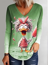 ieftine Tricou cu animale-Pentru femei Tricou Ombre Grafic Rață Epocă Stilat Clasic Manșon Lung În V Topuri obișnuite Zilnic Imprimeu Albastru piscină Mov Trifoi Gri Primăvară Toamnă Iarnă
