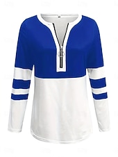 cheap Stripe&amp;Geometric tee-Women's T shirt Long Sleeve Graphic Color Block Striped Elegant Vintage Stylish Long Sleeve V Neck Regular Tops Daily Weekend Zipper Print Black Red Royal Blue Spring Fall Prefall