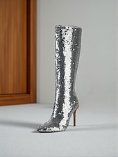 baratos Festa da Vida Noturna-Botas femininas de cano alto com lantejoulas - botas de festa com salto agulha brilhante para mulheres, calçados da moda glamorosos para boates, apresentações no palco e trajes de noite