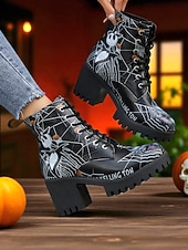 abordables Pour les femmes-Bottines de combat à talons épais pour femmes, motif tête de mort d&#039;Halloween et toile d&#039;araignée – bottines gothiques à lacets pour cosplay, porte-bonheur et mode automnale effrayante