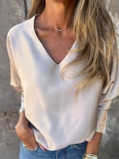 preiswerte Damen Einfache Oberteile-Damen Hemd Bluse Einfach Modern Lässig Langarm V Ausschnitt Normale Oberteile Täglich Ausgehen Schwarz Champagner Braun Aprikose Grau Herbst