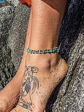billiga Damarmband-Fotlänkset med turkosa pärlor för kvinnor - bohemisk dubbelrad fotlänk med utsmyckningar i legering och ädelstenar, perfekt för stranden, poolpartyn och sommarmode