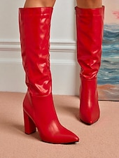 preiswerte Modische Stiefel-Grüne kniehohe Kunstlederstiefel für Damen – Stiefel mit spitzer Zehenpartie und Blockabsatz für Streetstyle im Herbst und Winter, tägliche Ausflüge und Urlaubsmode
