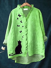 billige Dyr Topp-Dame Bluse Grafisk Katt Sommerfugl Elegant Bohem Aktiv Langermet V-hals Lange topper Daglig Ferie Ut på byen Drapering Gul Rosa Blå Lilla Grønn Vår Høst