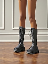 baratos Botas de combate-Botas femininas de couro sintético, cano alto, com cadarço, zíper lateral e sola plataforma grossa, calçado casual urbano