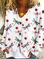 preiswerte 3D Strickjacke-Damen Mantel Freizeitjacke Warm Bequem Druck Mode Modern Lässig Blumen Ausgehen Wochenende Einreihig Regulär V Ausschnitt Normale Passform Langarm Oberbekleidung Weiß Himmelblau Grün Herbst Winter