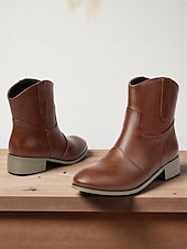 abordables Cowboy y botas occidentales-Botines de piel sintética color vino tinto para mujer: botas cortas de tacón bajo estilo western informal para el trabajo, viajes y atuendos cotidianos.