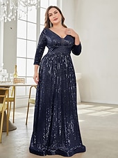 economico Semi-formale / Cocktail-Linea ad A Lunghezza al pavimento Abiti da festa Elegante Manica Lunga Scollo a V Formale Invitato a matrimonio autunnale Con Paillettes con Glitter Paillettes