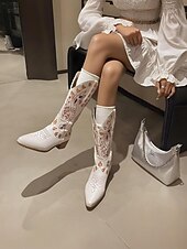 levne Cowboy &amp; Western Boots-Dámské bílé kovbojské boty v západním stylu s unikátním barevným vyšívaným designem a úzkými podpatky, obuv v bohémském západním stylu