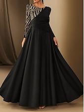 baratos Vestidos de noite com cintura império-Vestido de noite elegante com apliques de renda e lantejoulas, corte A, comprimento até o chão, manga comprida, decote canoa, cetim com pregas 2025