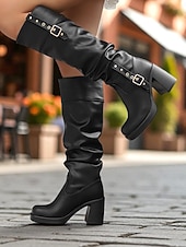 abordables Bottes souples-Bottes hautes en similicuir noir pour femme avec brides à boucle et talons carrés - Bottes tendance automne-hiver pour un usage quotidien, un style urbain et des tenues décontractées