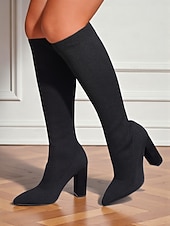 abordables Botas de moda-Botas altas hasta la rodilla rojas para mujer: botas largas de punto elástico, punta puntiaguda y tacón grueso para atuendos de otoño-invierno, fiestas y looks urbanos de moda.