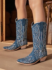 levne Cowboy &amp; Western Boots-Dámské modré kovbojské boty ve westernovém stylu s propracovanou výšivkou, špičatou špičkou a nízkým podpatkem pro country koncerty a rodeo styl