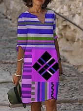 abordables Robes Floraux Imprimés-Femmes Robe Midi Robe Décontractée Robe Imprimée ancien Quotidien Plage Week-end Coupe régulière Géométrique Bloc de Couleur Manche 3/4 Col ras du cou Jaune Violet Fuchsia Orange Été Printemps Automne