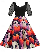 halpa Halloween mekko-Halloween Naisten Midimekko A linjainen mekko Vapaa-aika Päivittäin Pyhäpäivä Normaali Kurpitsa hämähäkinverkko Lyhythihainen Nelikulmainen kaula-aukko Musta Keltainen Purppura Kesä Kevät Syksy