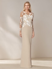 preiswerte Bodenlänge-Meerjungfrau  Trompete Mutter der Braut Kleid Elegantes Einfach Bootsauschnitt Floral Bestickte Spitze Bodenlänge Chiffon Lange Ärmel mit Kristallgürtel