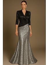 economico Abiti da Sera Sirena-abito da sera a trapezio con paillettes, elegante, formale, da sposa, lungo fino al pavimento, mezza manica, revers, in raso elasticizzato con pieghe glitterate, 2025