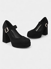 cheap 1950s-Women&#039;s Blue Suede Mary Jane Block Heel Pumps – Platform Round Toe Buckle Strap 1950s Vintage Party Shoes for Weddings, Cocktail, and Evening Outfits