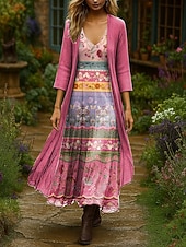 billiga Boho-klänning-Dam Klänning Set Maxiklänning A linjeklänning Sommarklänning Semester Boho Nyans Blommig Multi lager Mönster Maxiklänning 3/4 ärm V-hals Utomhus Dagligen Svart Rodnande Rosa Orange Sommar Vår Normal